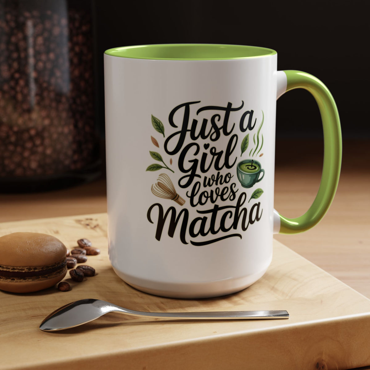 Matcha Lover Mug, Just a Girl Who Loves Matcha Quote, Green Tea and Whisk Design, Birthday Gift for a Friend Who Enjoys Cozy Morning Rituals