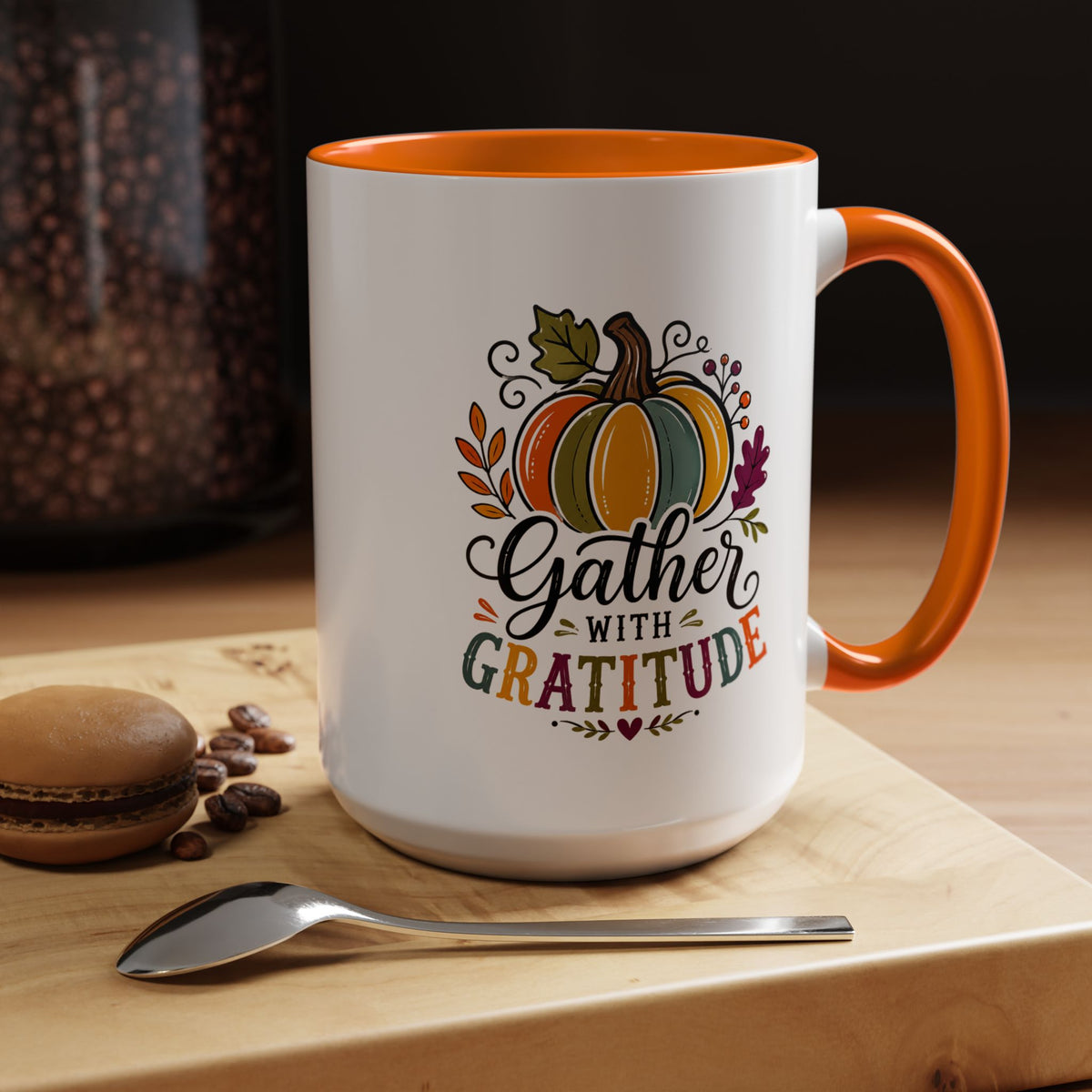 Gather With Gratitude Mug, Colorful Pumpkin Thanksgiving Coffee Cup, Cozy Fall Hostess Gift, Autumn Kitchen and Harvest Decor