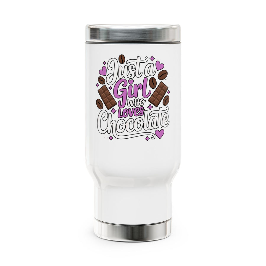 A white stainless steel travel mug with a silver lid and base, printed with "Just a Girl who Loves Chocolate" in white and purple lettering with chocolate bars, cocoa beans and hearts.