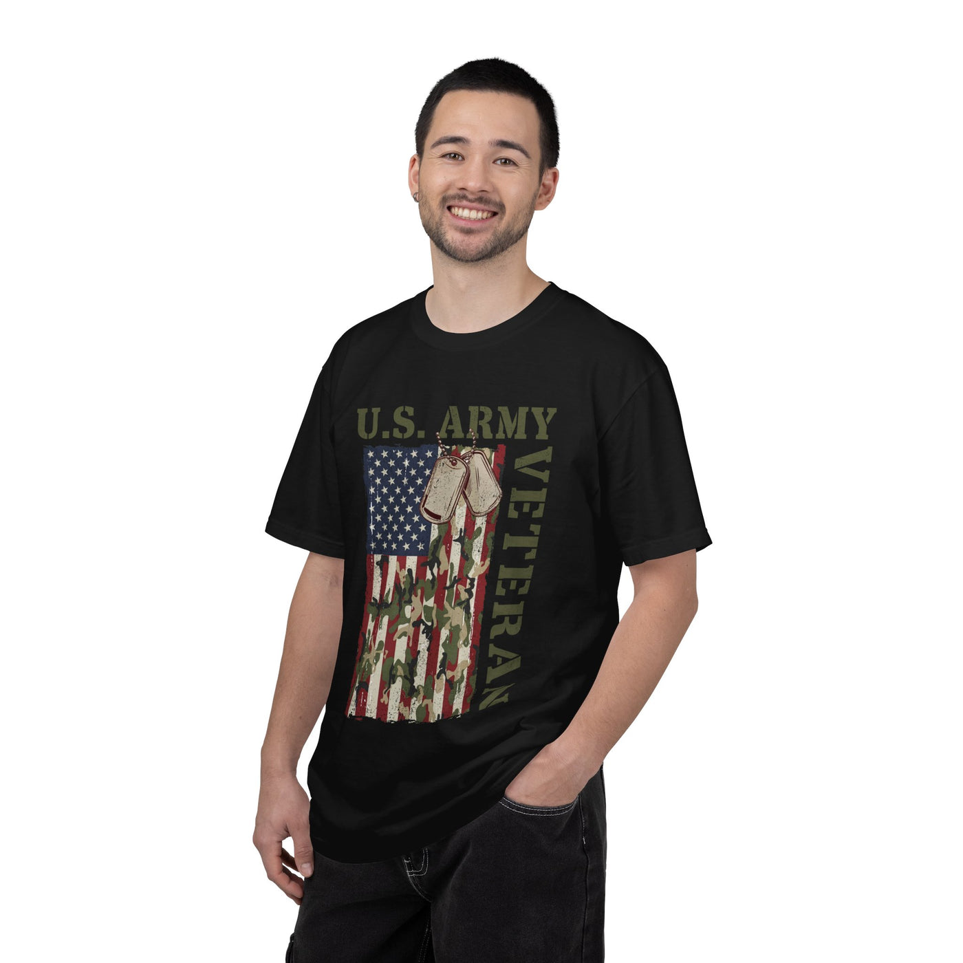 US Army Veteran Shirt, American Flag Camo T-Shirt, Military Dog Tag Tee, Patriotic Gift for Soldier, Retirement or Veterans Day Top