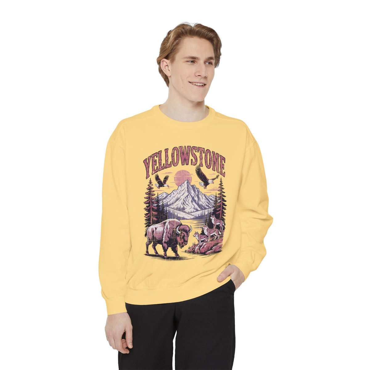Yellowstone Wildlife Sweatshirt, Bison Wolf Eagle Mountain Crewneck, National Park Lover Gift, Western Nature Graphic Cozy Pullover