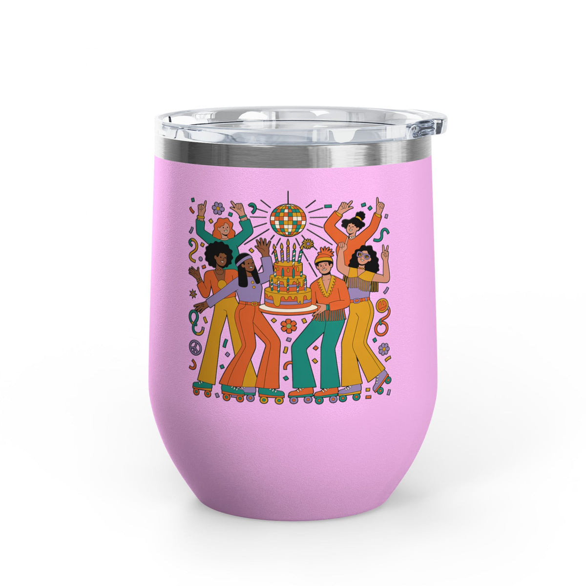 Retro Disco Birthday Wine Tumbler, 70s Roller Skating Party Design, Groovy Drinkware Gift for a Skater Friend Who Loves Vintage Aesthetics