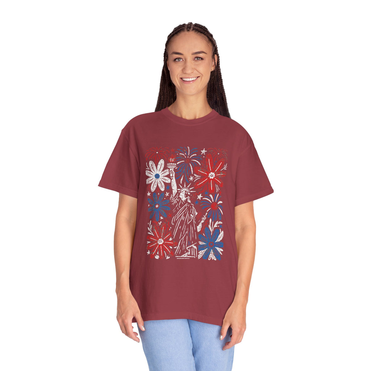 Patriotic Fireworks Shirt, Red White Blue Flower Graphic Tee, Americana T Shirt, Fourth of July Outfit, Vintage USA Gift for Women
