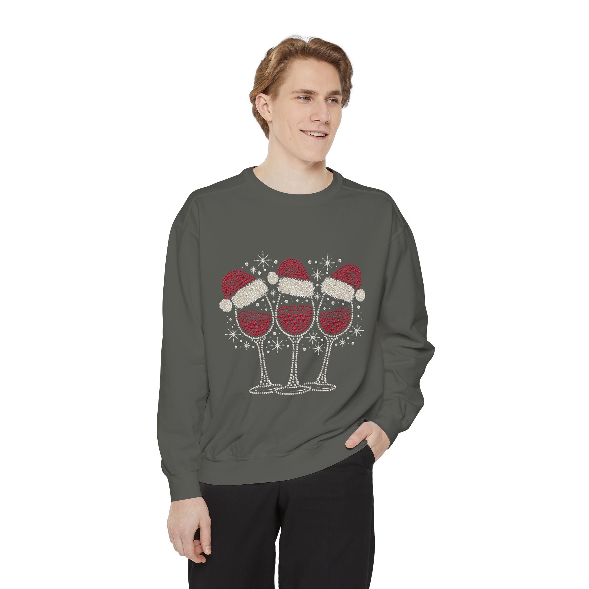 Christmas Wine Glass Sweatshirt, Rhinestone Style Santa Hat Crewneck, Sparkly Holiday Party Pullover, Wine Lover Gift for Girls Night