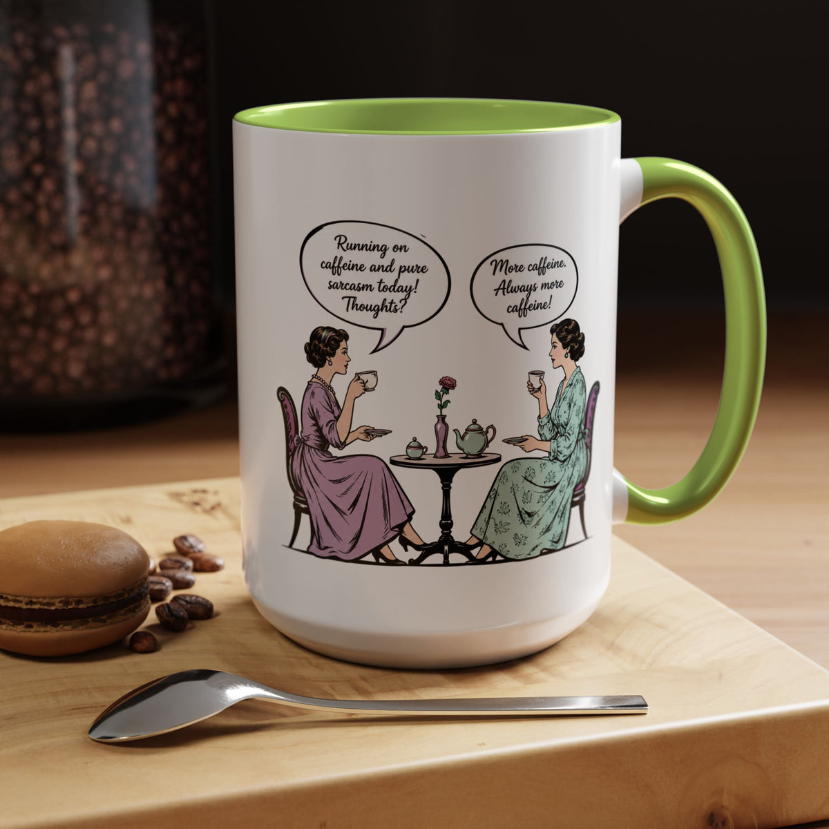 Funny Coffee Lovers Mug, Running on Caffeine and Pure Sarcasm Mug, Vintage Tea Party Coffee Cup, Best Friend Coffee Gift