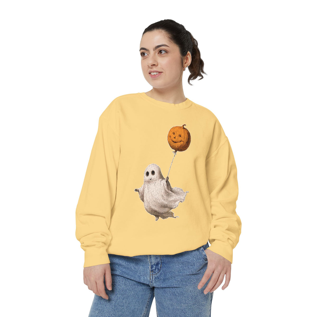 Cute Ghost Halloween Sweatshirt, Pumpkin Balloon Pullover, Vintage Spooky Season Gift for Women, Cozy October Fall Outfit for Ghost Loversv