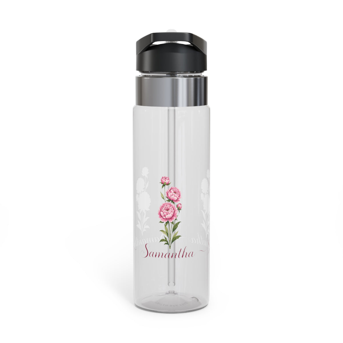 Personalized Floral Transparent Water Bottle, Peony Flower Gift for Her, Custom Name Drinkware, Girly Water Bottle for Work, Gym or School
