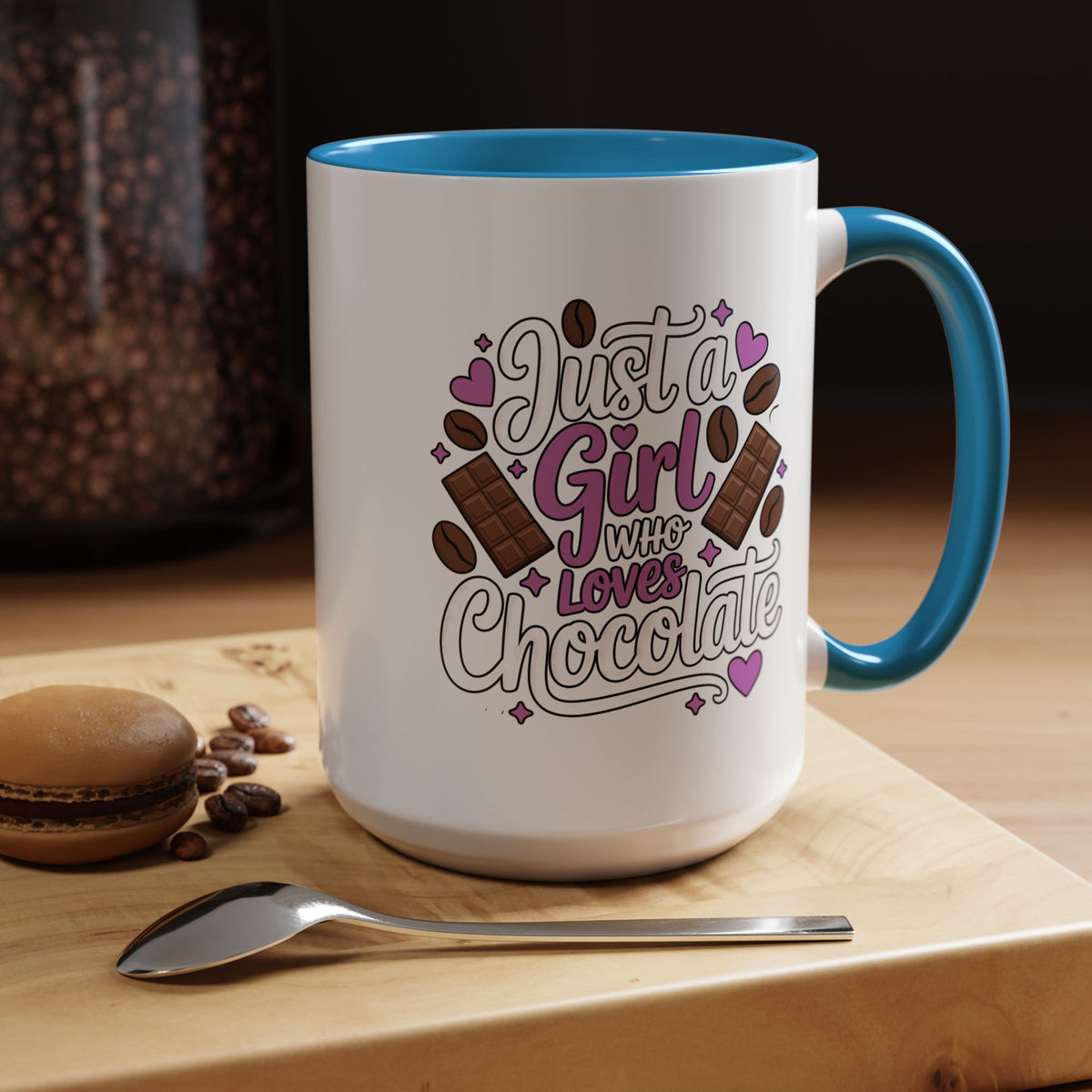 Chocolate Lover Coffee Mug, Just a Girl Who Loves Chocolate Quote, Purple Hearts and Cocoa Design, Sweet Birthday Gift for a Best Friend