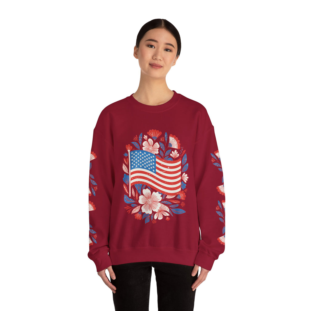 Floral American Flag Sweatshirt, Patriotic USA Pullover, Red White Blue Flower Top, Fourth of July Outfit, Americana Gift for Women