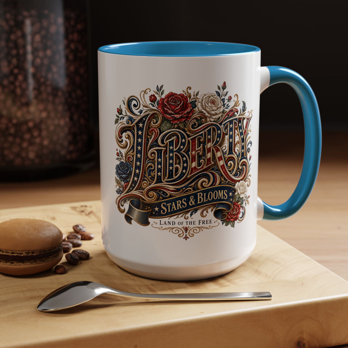 Vintage Patriotic Floral Coffee Mug, Liberty Stars and Blooms Mug, Americana Rose Art Cup, Fourth of July Gift, USA Lover Mug