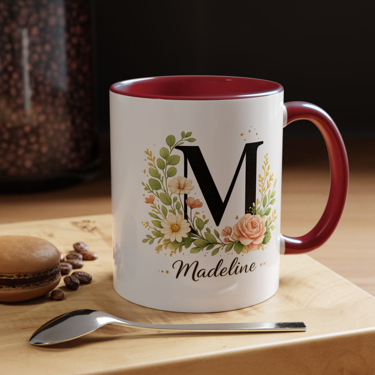 Personalized Floral Monogram Mug, Custom Initial Coffee Mug with Name, Elegant Botanical Gift for Women, Bridesmaid Birthday Gift
