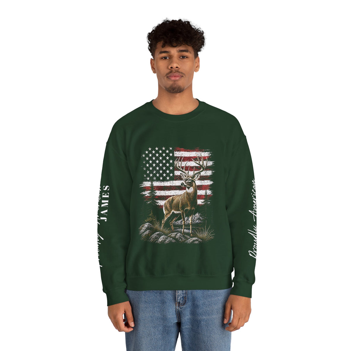 Personalized Hunting Sweatshirt, Custom Deer American Flag Pullover, Patriotic Outdoorsman Crewneck, Hunter Gift, Personalized Family Shirt