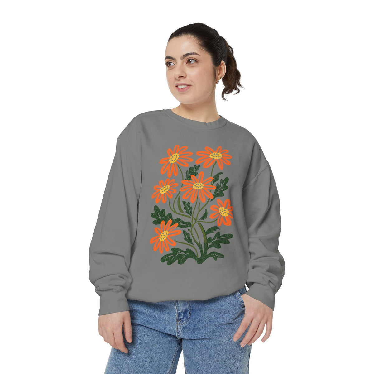 Orange Daisy Graphic Sweatshirt, Retro Floral Pullover for Flower Lovers, Groovy Botanical Top, Cheerful Garden Gift for Women