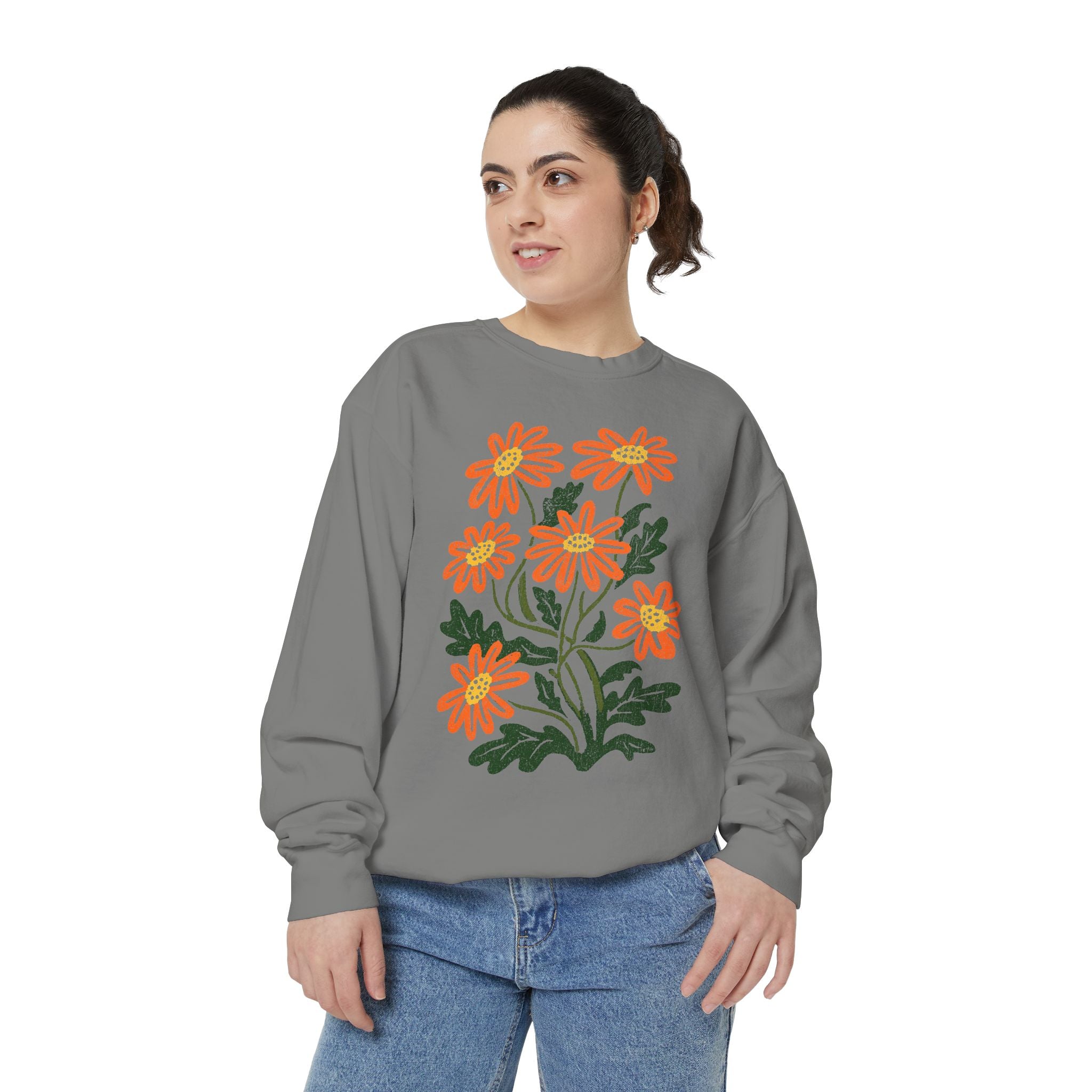Orange Daisy Graphic Sweatshirt, Retro Floral Pullover for Flower Lovers, Groovy Botanical Top, Cheerful Garden Gift for Women