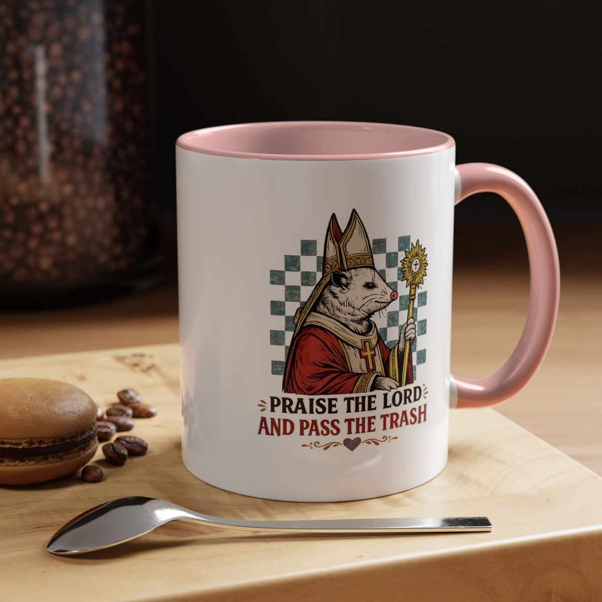 Praise the Lord and Pass the Trash Coffee Mug, Funny Opossum Pope Gift for Friends, Sarcastic Christian Possum Ceramic Tea Cup with Black Handle