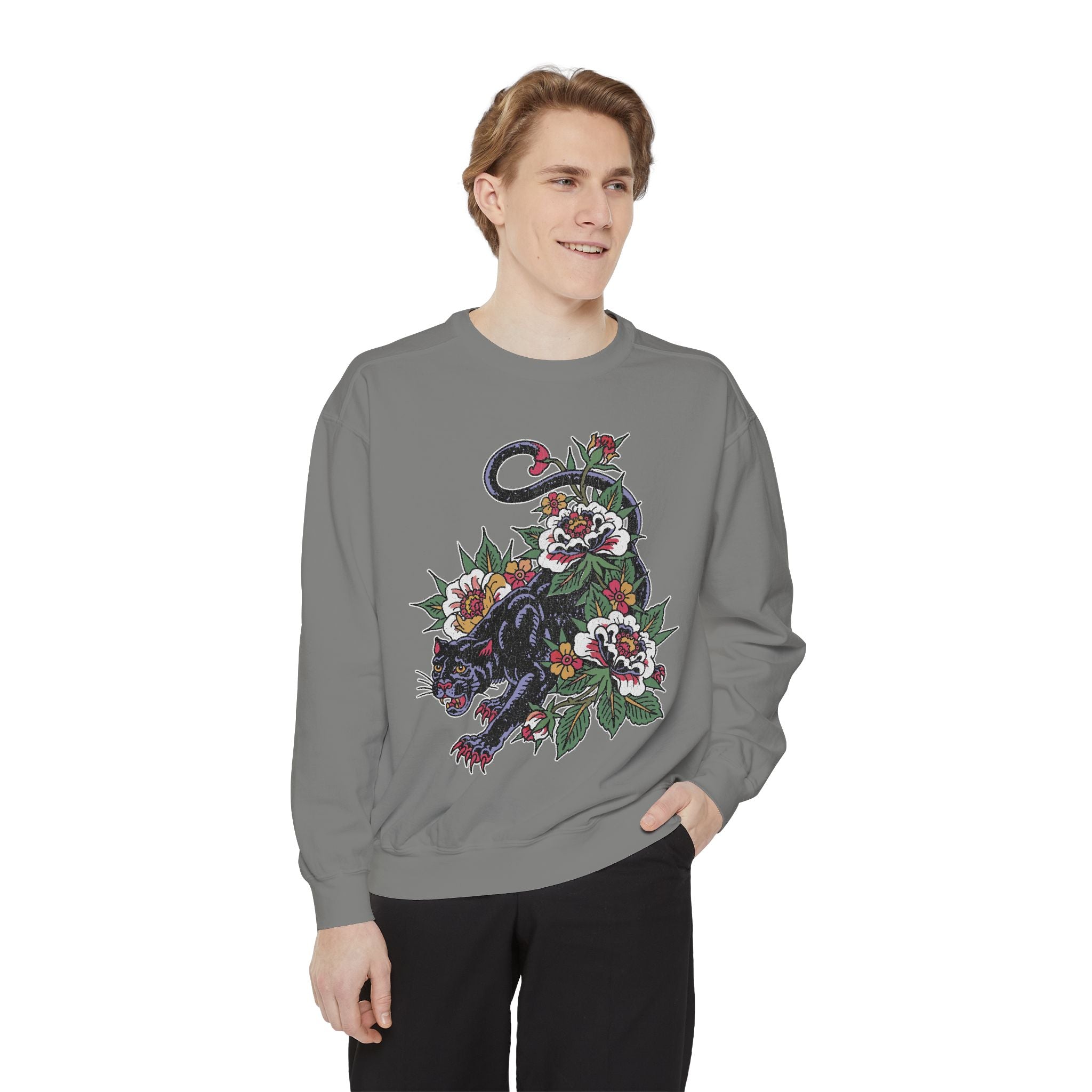 Traditional Panther Graphic Sweatshirt, Floral Tattoo Pullover for Men and Women, Old School Big Cat Top