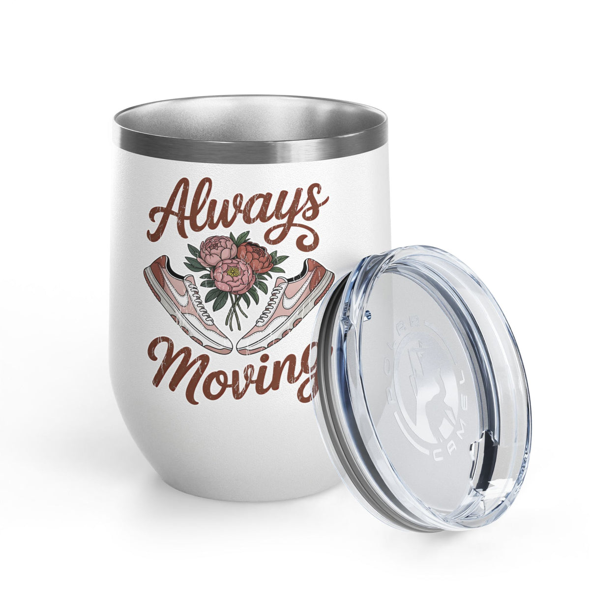 Always Moving Wine Tumbler, Sneaker and Floral Design, Fitness Lover Gift, Motivational Drinkware for Women, Workout Gift