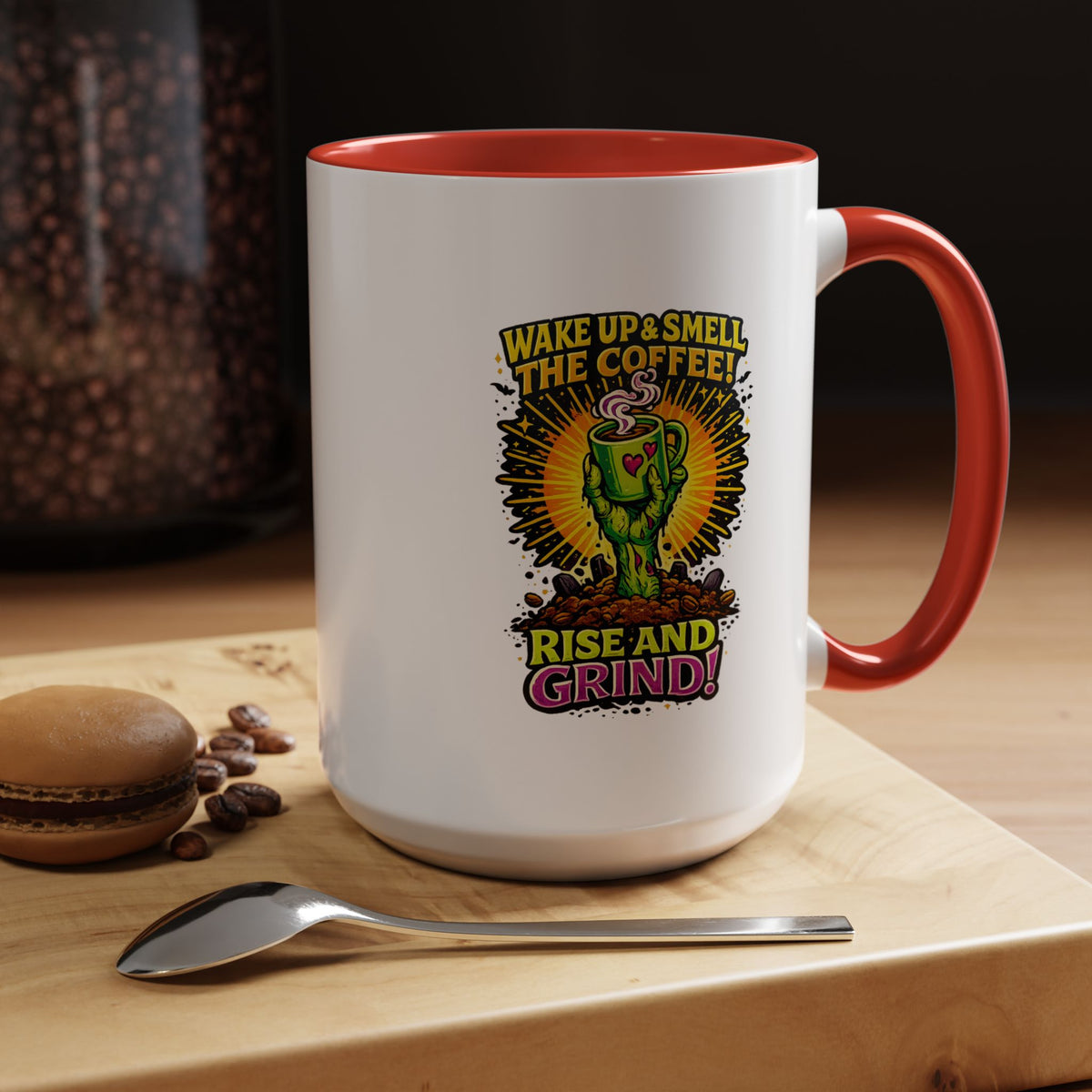 Zombie Coffee Mug, Wake Up and Smell the Coffee Black Accent Cup, Unique Funny Rise and Grind Gift for Horror Fan, Barista or Coworker