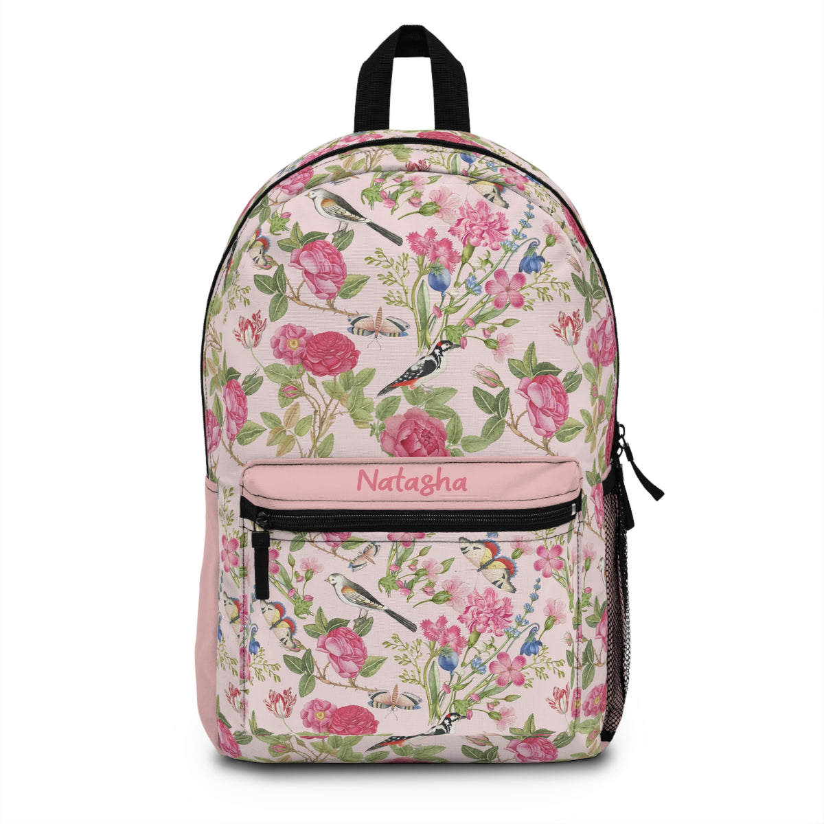 Personalized Floral Kids Backpack, Custom Name Girls School Bag, Pink Flower and Bird Backpack, Back to School Book Bag, Girls Gift