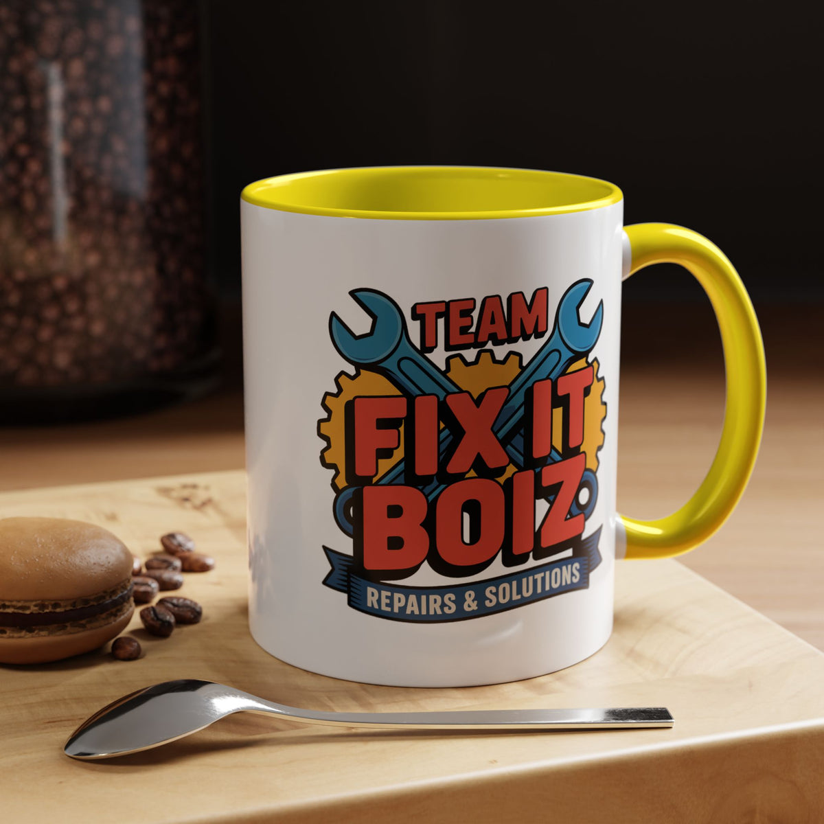 Mechanic Coffee Mug, Team Fix It Boiz Wrench and Gear Design, Handyman Gift for Dad or a Repair Crew Coworker, Workshop Coffee Break Cup