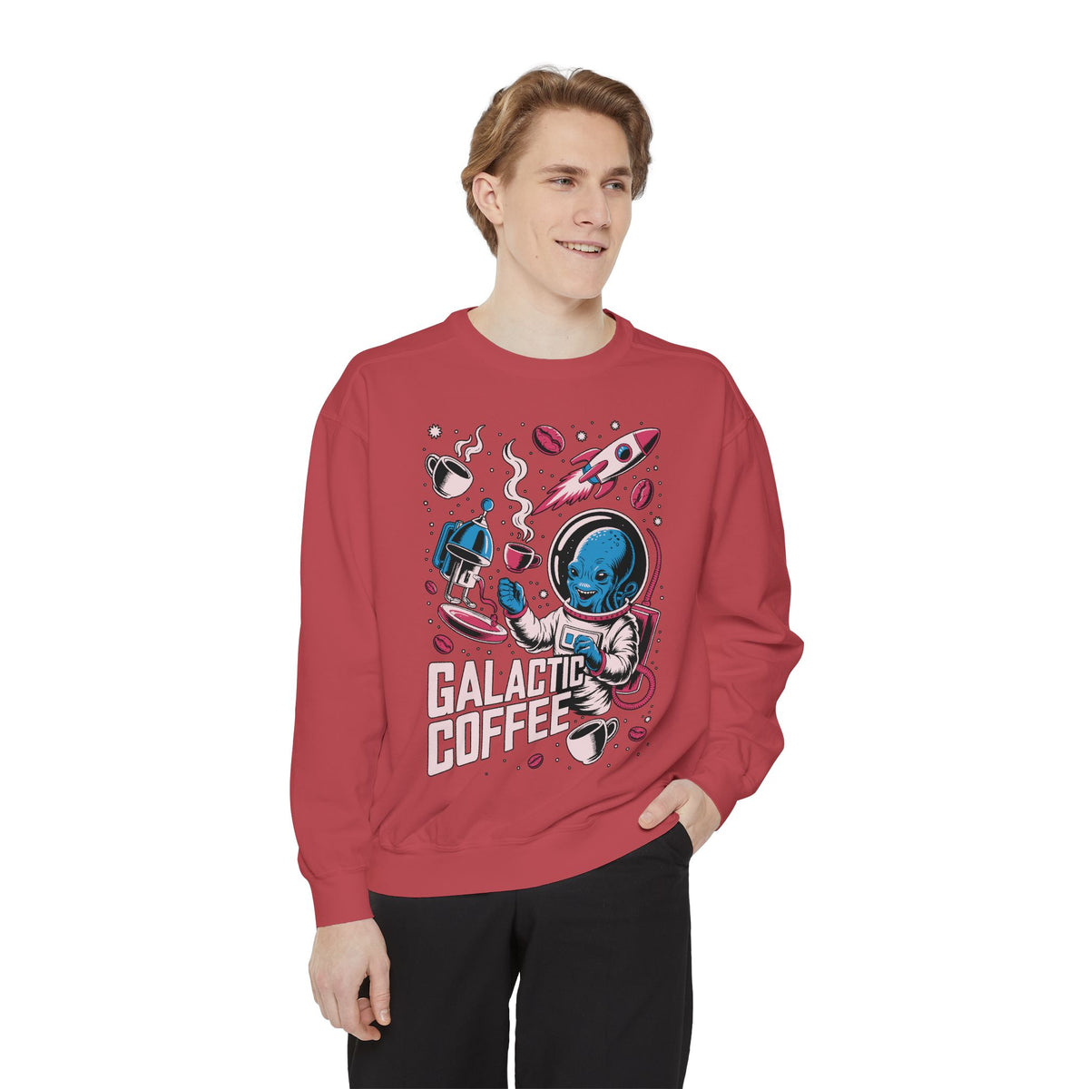 Galactic Coffee Comfort Colors Sweatshirt, Funny Alien Coffee Lover Shirt, Space Nerd Sweatshirt, Sci Fi Gift for Coffee Fans