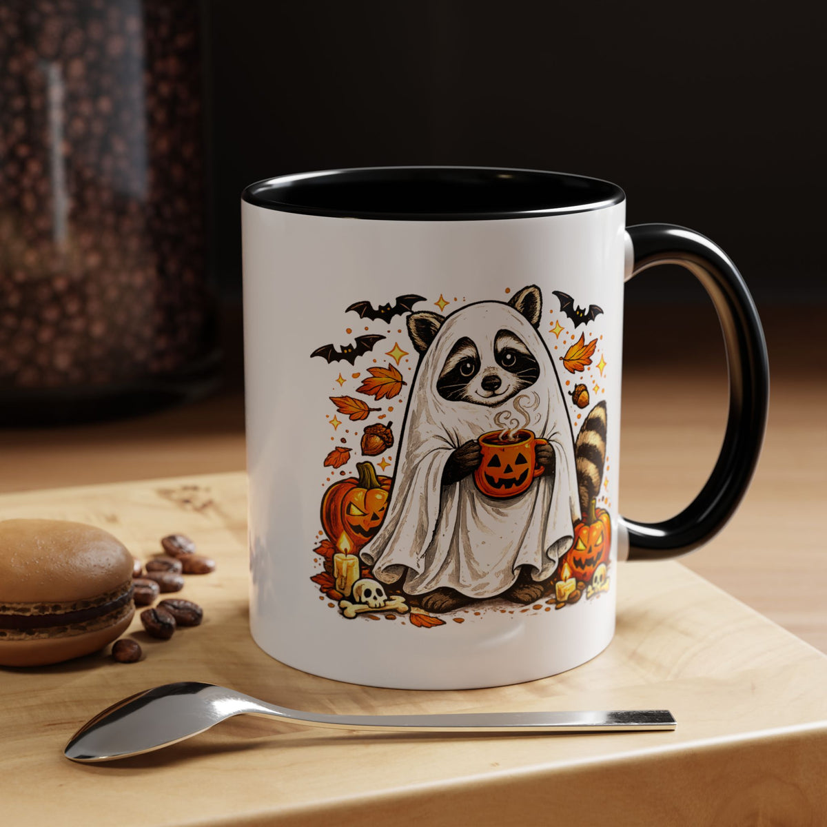 Cute Raccoon Halloween Mug, Ghost Costume Coffee Cup, Spooky Pumpkin Gift for Animal Lover, Fall Birthday or October Office Desk Decor