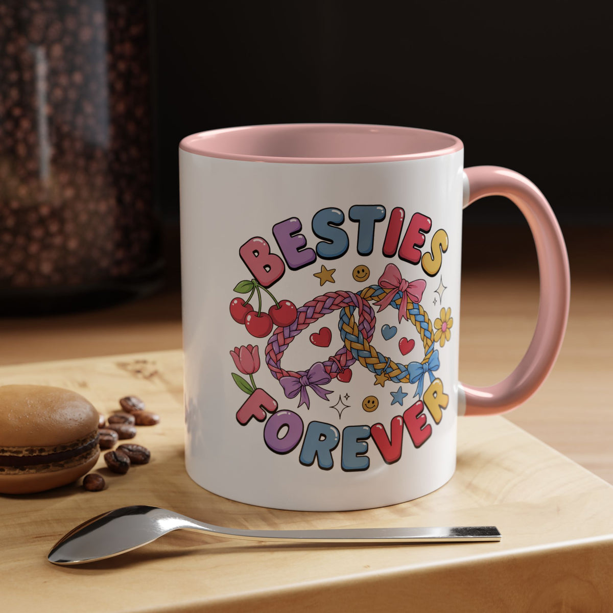 Best Friends Coffee Mug, Besties Forever Friendship Bracelet Design, Colorful Birthday Gift for a Best Friend or Long Distance Coffee Buddy