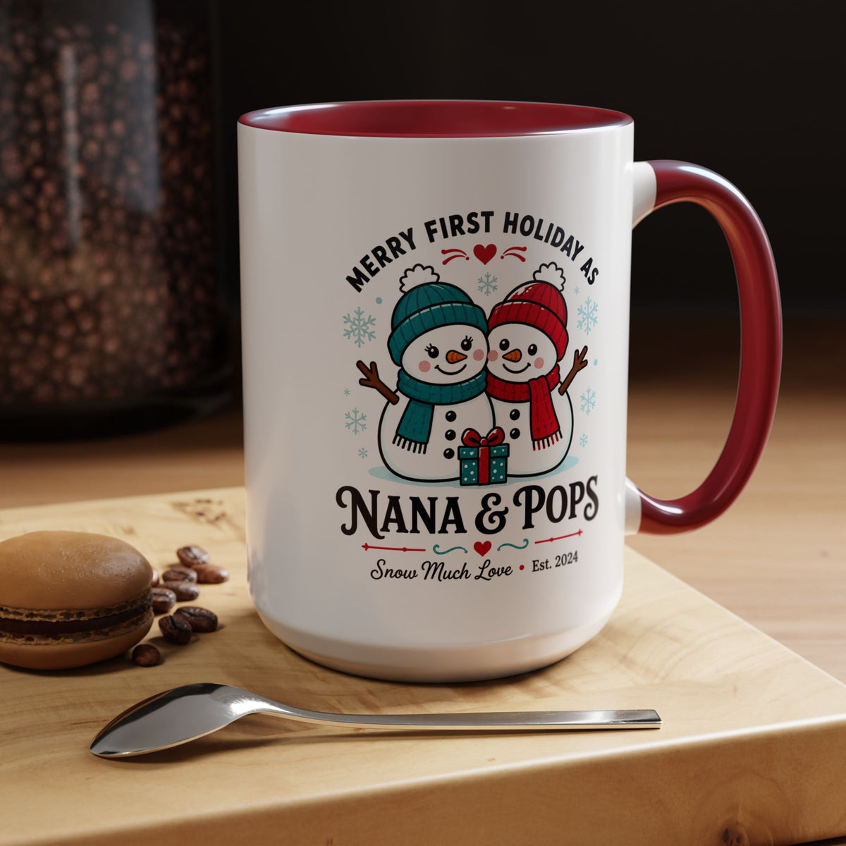 Personalized First Christmas Grandparents Mug, Nana and Pops Holiday Coffee Cup, New Grandparent Gift, Custom Names and Established Year