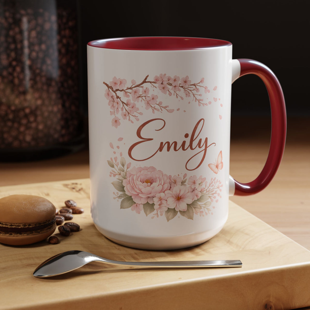 Personalized Floral Name Mug, Custom Coffee Mug with Name, Pink Flower Mug for Women, Birthday Gift, Bridesmaid Keepsake Cup