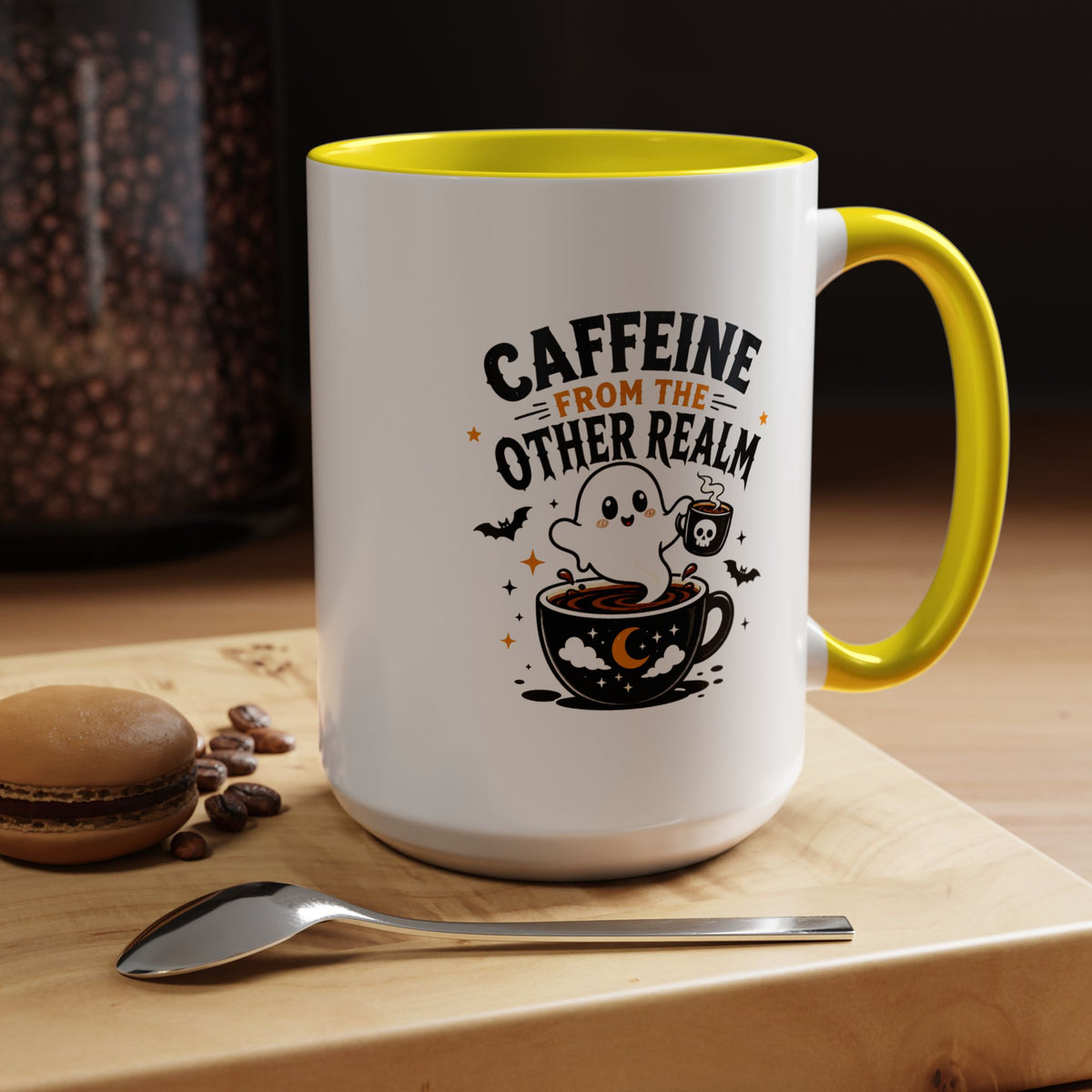 Halloween Ghost Coffee Mug, Caffeine From the Other Realm Black Accent Cup, Funny Spooky Gift for Coffee Lover, Barista or Coworker