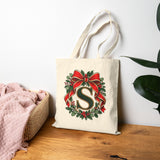 Christmas Initial Tote Bag, Personalized Cotton Canvas 15x16, Red Bow Monogram, Evergreen Wreath Holiday Gift