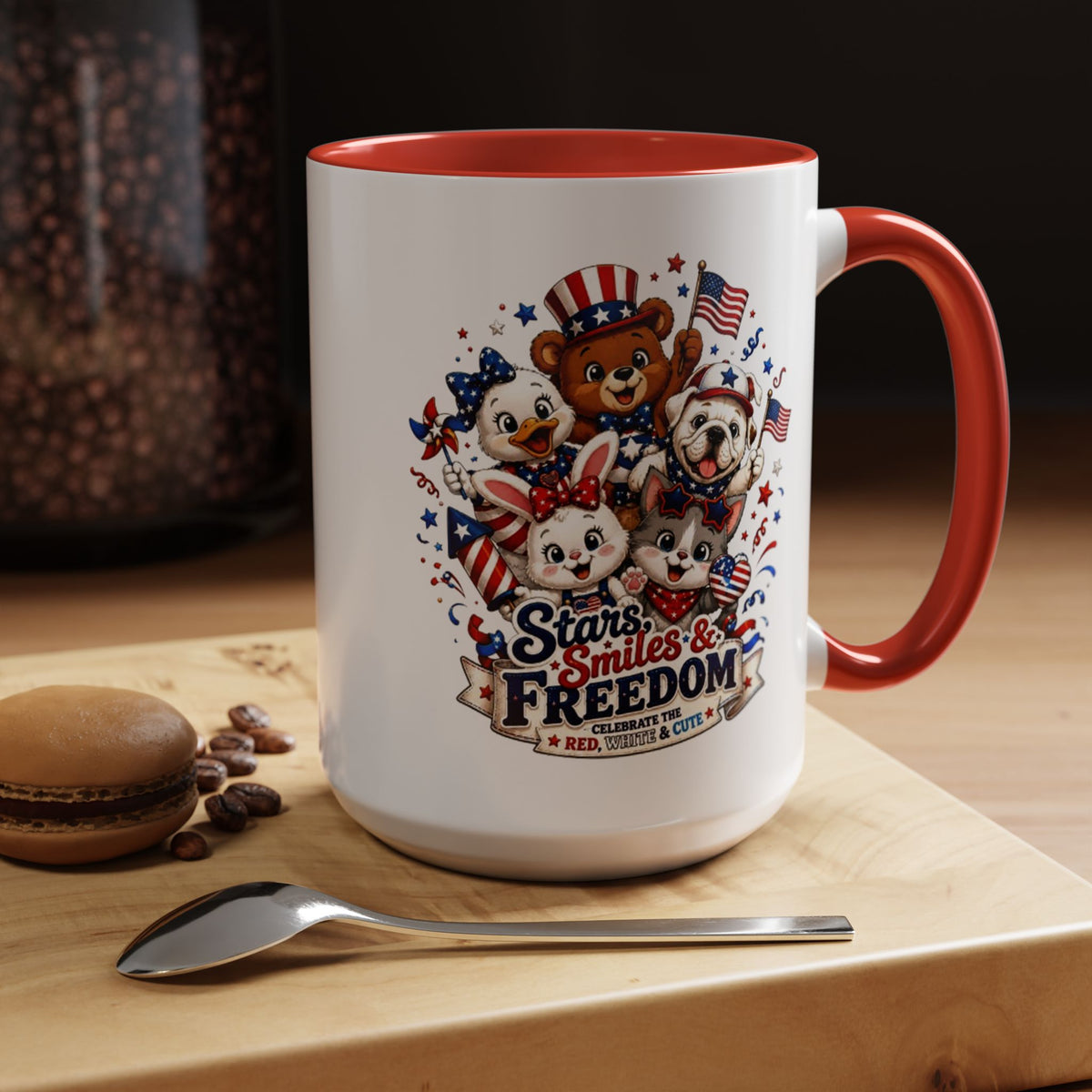 Cute Patriotic Animal Coffee Mug, Fourth of July Mug for Kids and Families, Stars Smiles and Freedom Cup, Independence Day Gift