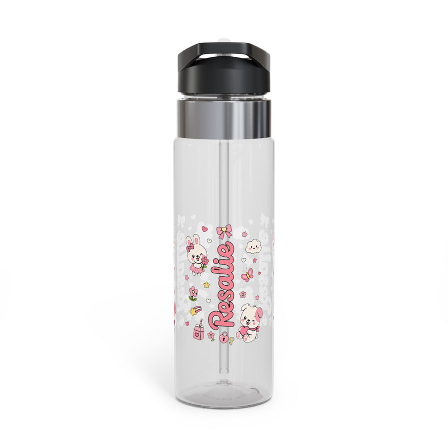A clear water bottle with a black lid and straw, printed with cartoon bunny and puppy characters, flowers and butterflies, and the name "Rosalie" in pink script.