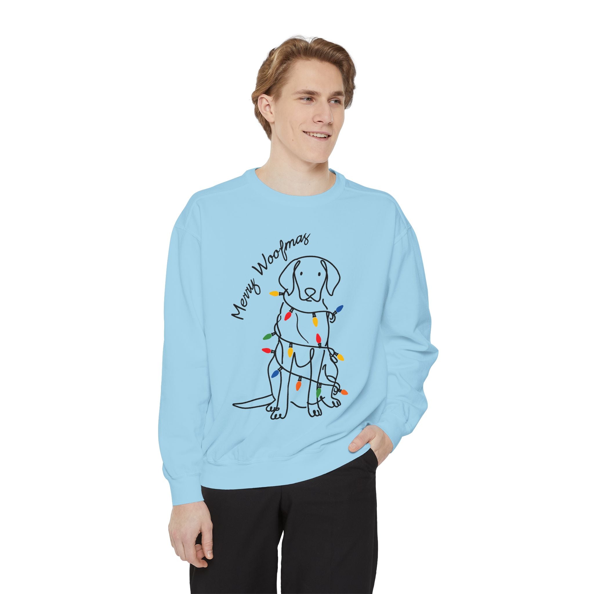 Merry Woofmas Dog Sweatshirt, Funny Christmas Puppy Crewneck, Holiday Lights Pet Lover Pullover, Cute Christmas Gift for Dog Mom or Dog Dad