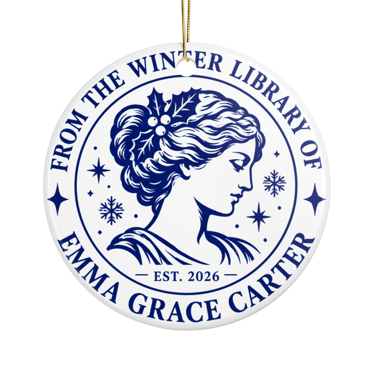 Personalized Book Lover Christmas Ornament, Winter Library Name Design, Reader Gift with Classic Portrait, Holiday Keepsake for Bookworms