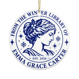 Personalized Book Lover Christmas Ornament, Winter Library Name Design, Reader Gift with Classic Portrait, Holiday Keepsake for Bookworms