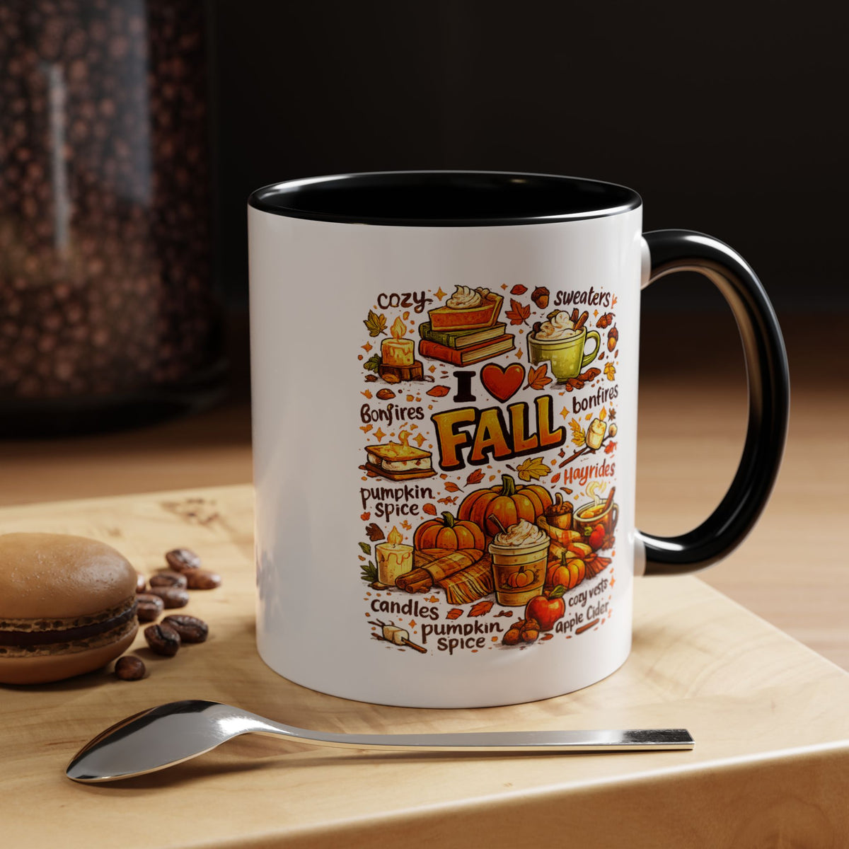 I Love Fall Coffee Mug, Cozy Autumn Pumpkin Spice Cup, Gift for Fall Lover, Book Reader, Teacher or Mom, Thanksgiving Kitchen Decor