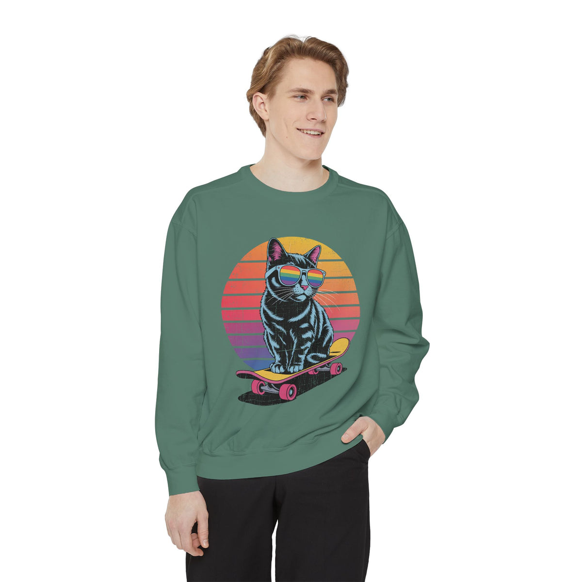 Retro Skateboard Cat Sweatshirt, Rainbow Sunglasses Kitty Crewneck, Funny Cat Lover Gift, Vintage Skater Graphic Cozy Pullover Top