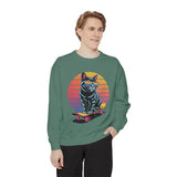 Retro Skateboard Cat Sweatshirt, Rainbow Sunglasses Kitty Crewneck, Funny Cat Lover Gift, Vintage Skater Graphic Cozy Pullover Top