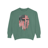God Bless America Sweatshirt, Distressed American Flag and Cross Graphic, Patriotic Christian Gift for Church Events and Everyday Faith