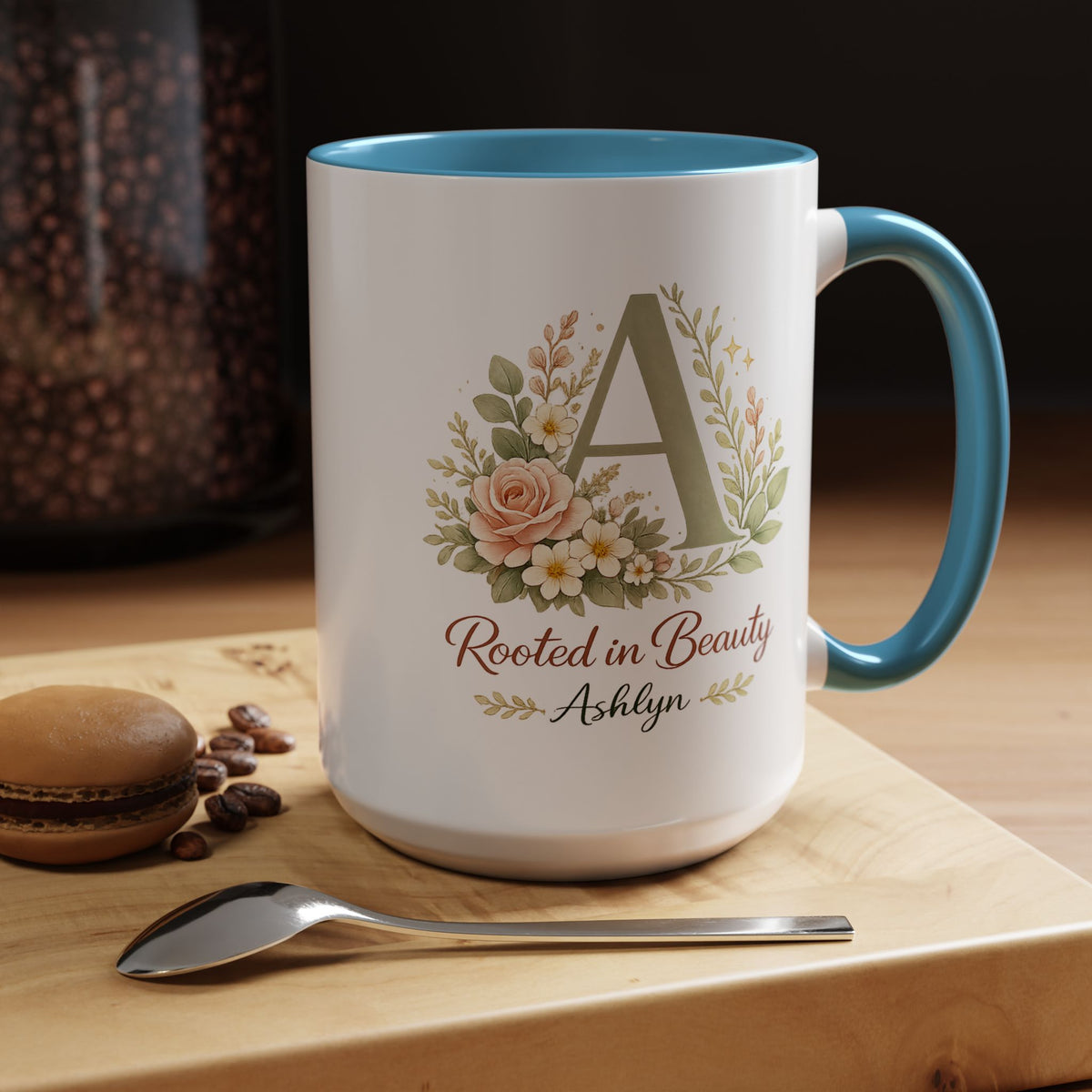 Personalized Floral Initial Mug, Custom Name Coffee Mug with Monogram Letter, Rooted in Beauty Gift for Women, Botanical Birthday Cup