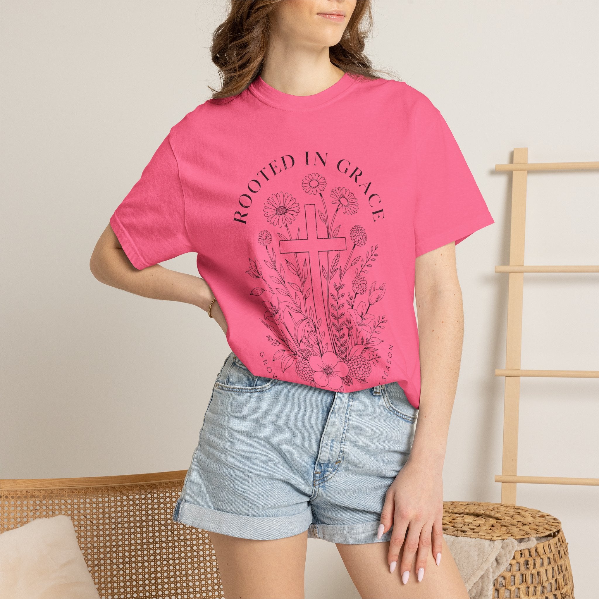Comfort Colors Rooted in Grace Shirt, Christian Floral Cross Tee, Faith Based Graphic Shirt, Religious Gift for Women, Bible Verse Tee