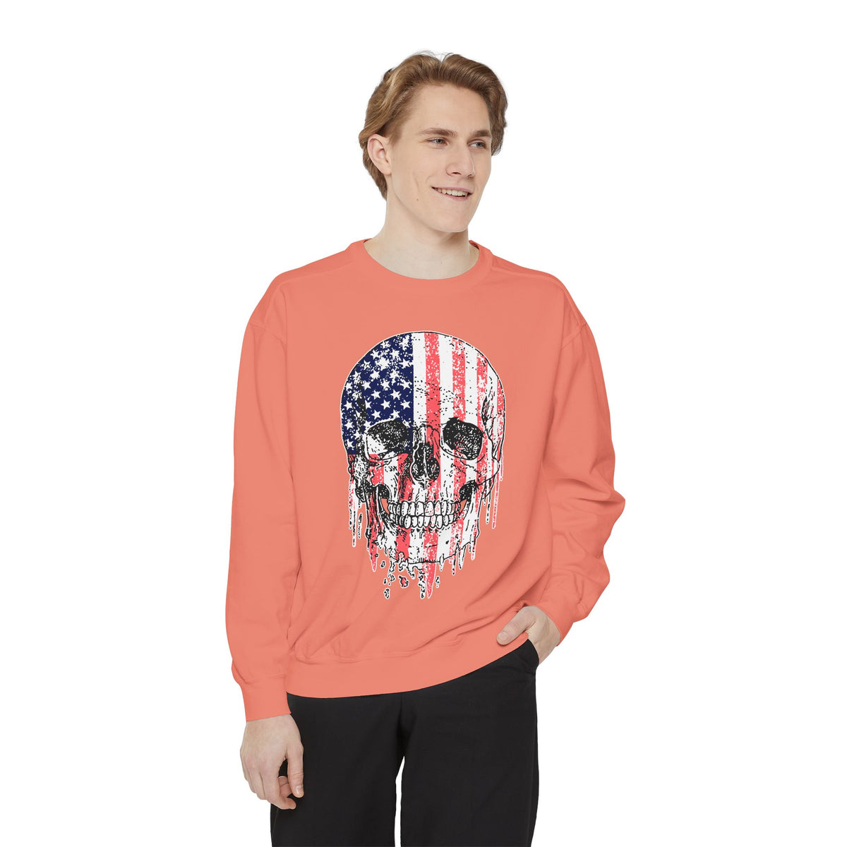 American Flag Skull Sweatshirt, Distressed Patriotic Graphic for Biker Outfits, Fourth of July Style, Birthday Gift for Skull Art Lovers