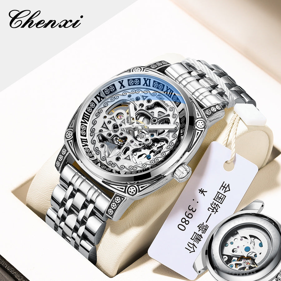Black skeleton mechanical watch with blue Roman numeral bezel and stainless steel bracelet