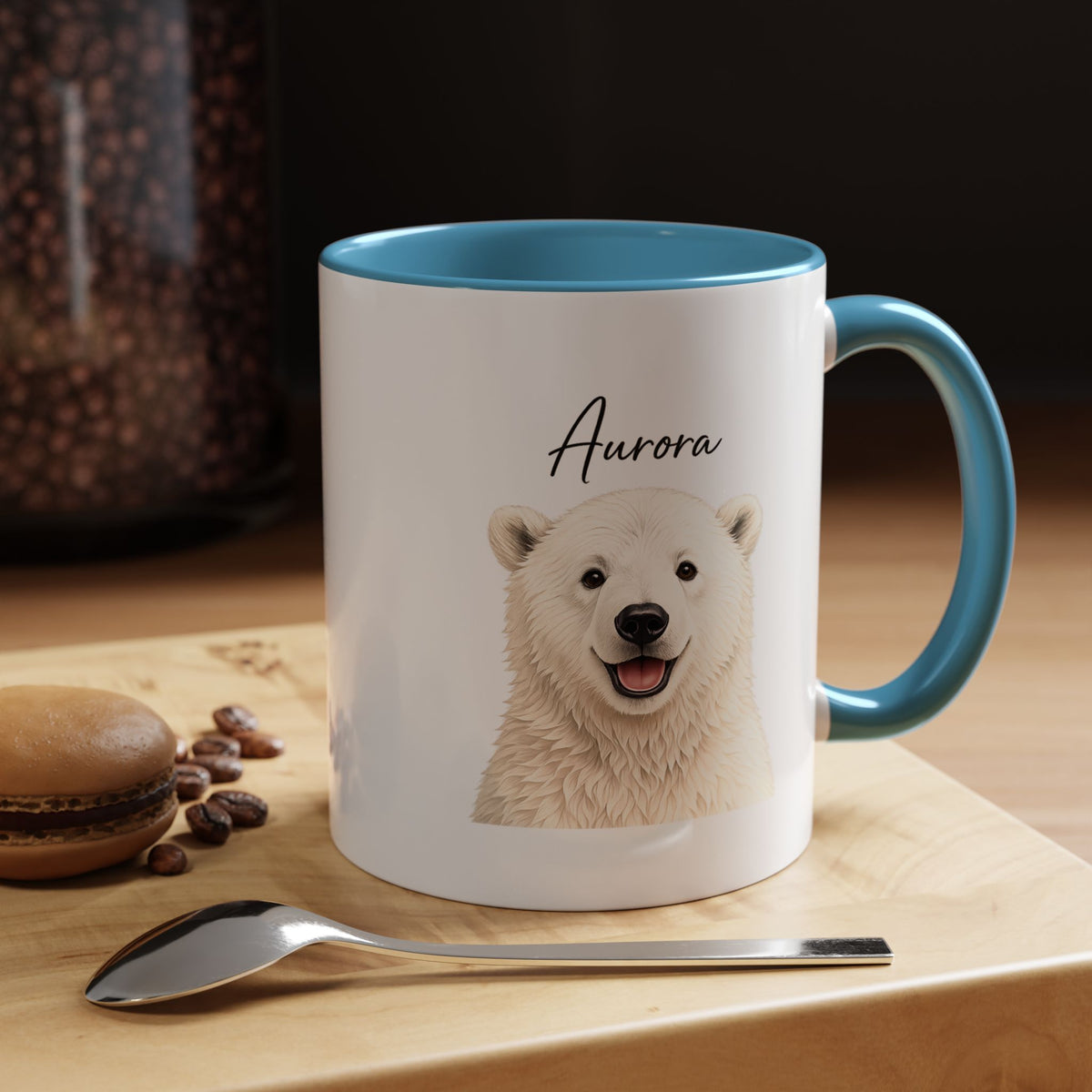 Custom Polar Bear Coffee Mug with Name, Personalized Arctic Animal Gift for Kids, Cute Winter Holiday Ceramic Tea Cup with Orange Handle