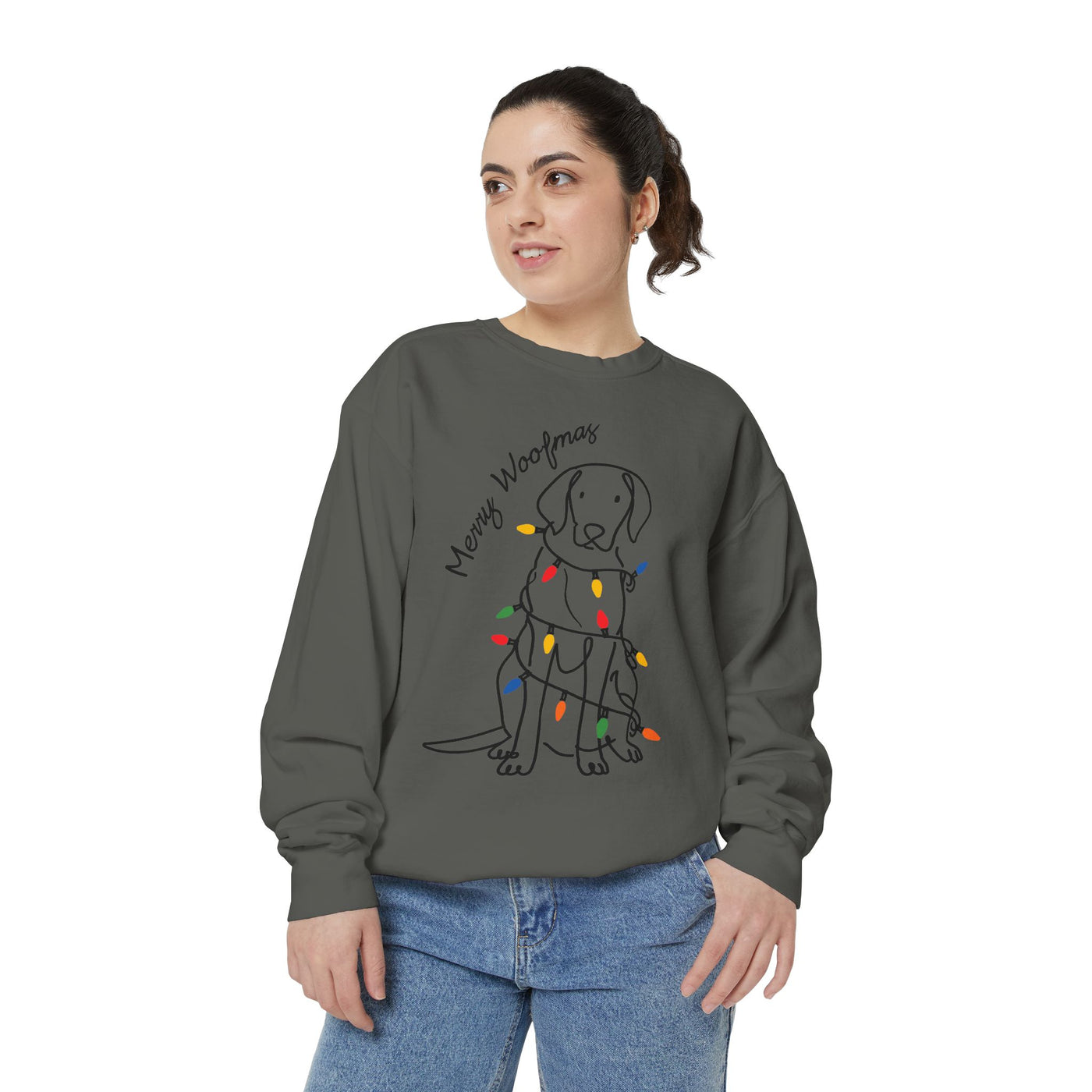 Merry Woofmas Dog Sweatshirt, Funny Christmas Puppy Crewneck, Holiday Lights Pet Lover Pullover, Cute Christmas Gift for Dog Mom or Dog Dad