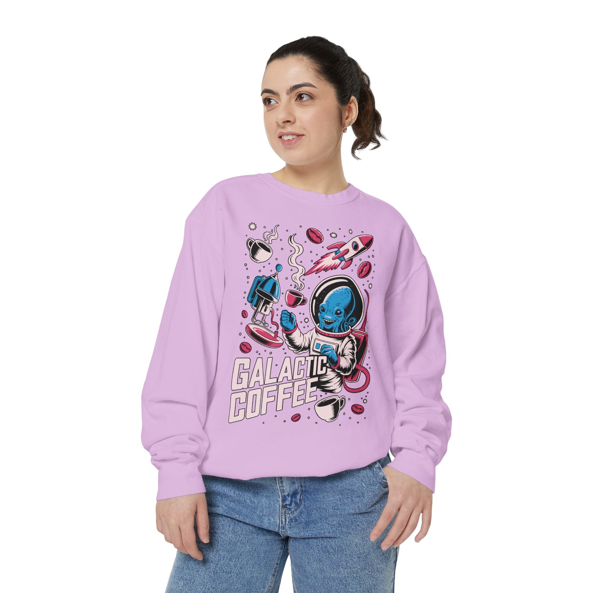 Galactic Coffee Comfort Colors Sweatshirt, Funny Alien Coffee Lover Shirt, Space Nerd Sweatshirt, Sci Fi Gift for Coffee Fans