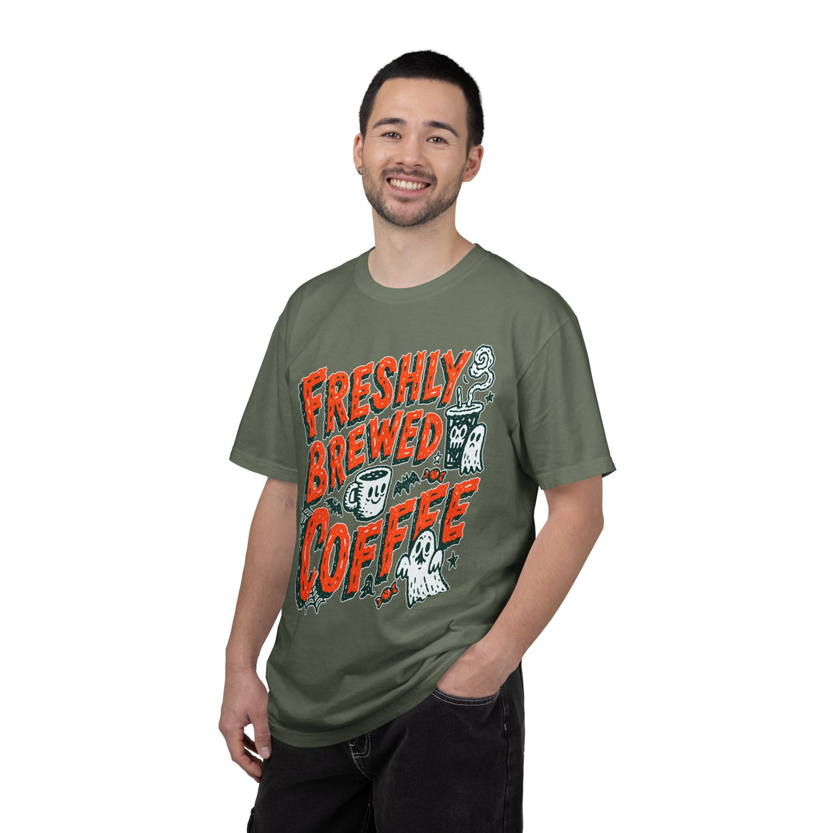 Coffee Lover Halloween Shirt, Freshly Brewed Coffee Ghost T-Shirt, Cute Spooky Season Gift for Barista and Caffeine Fan, Gift for Her