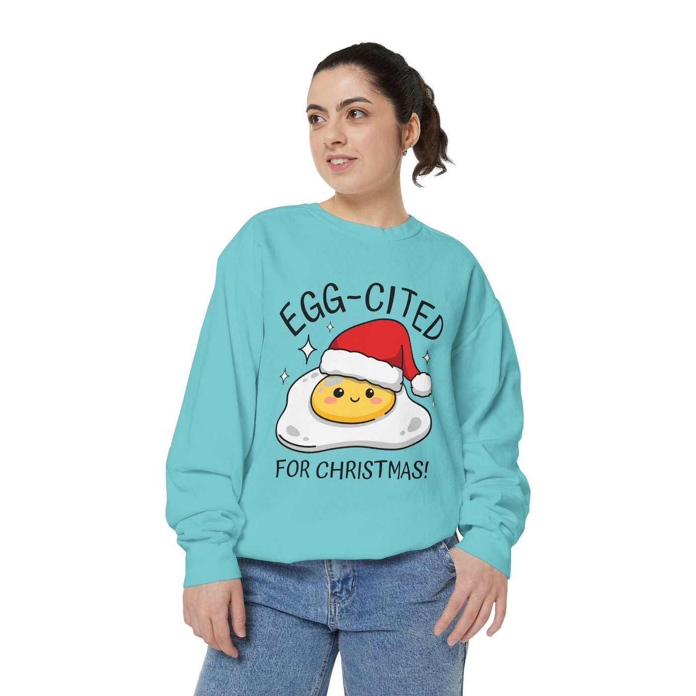 Egg-Cited for Christmas Sweatshirt, Funny Fried Egg Crewneck, Cute Food Pun Holiday Pullover, Christmas Breakfast Gift for Brunch Lover