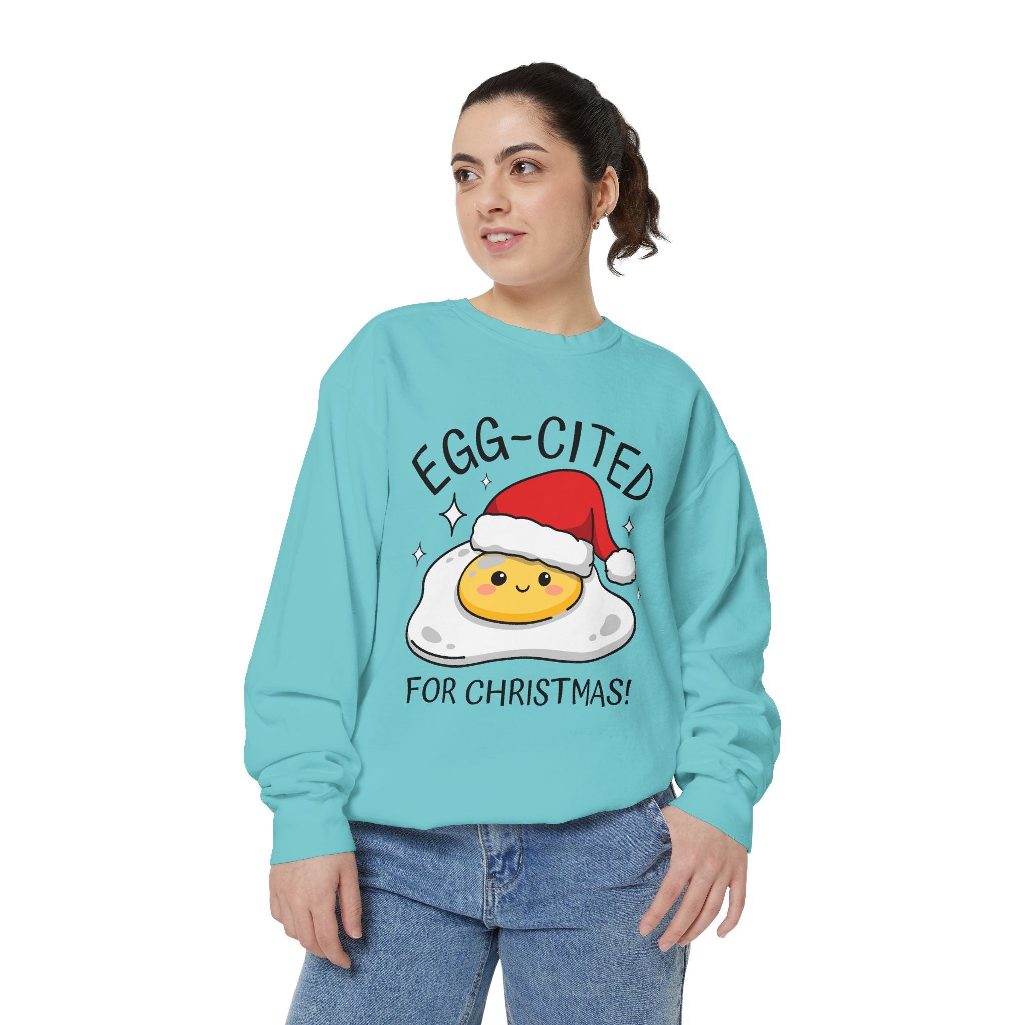 Egg-Cited for Christmas Sweatshirt, Funny Fried Egg Crewneck, Cute Food Pun Holiday Pullover, Christmas Breakfast Gift for Brunch Lover